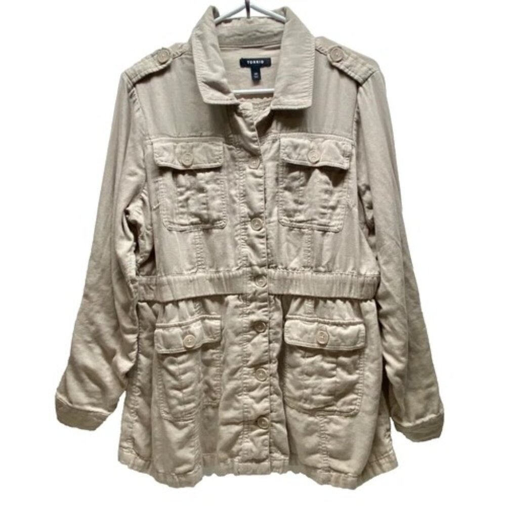 Torrid Utility Shacket Women's 00 Beige Tan Button Front Cinched Waist EUC